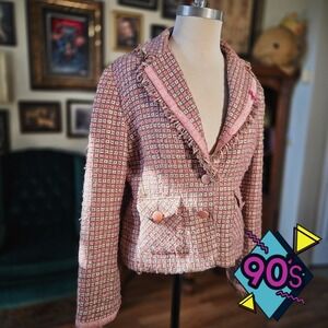 Ilyse Hart Ltd Pink Blazer Tweed Vintage 90s Fringe Trim Cropped Button Front M